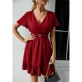 thumbnail image 3 of Defitshape Women's Summer Dresses Short Sleeve Sundress Sexy High Waist Short V Neck Holiday Fitted Chiffon Dress Burgundy X-Large, 3 of 4