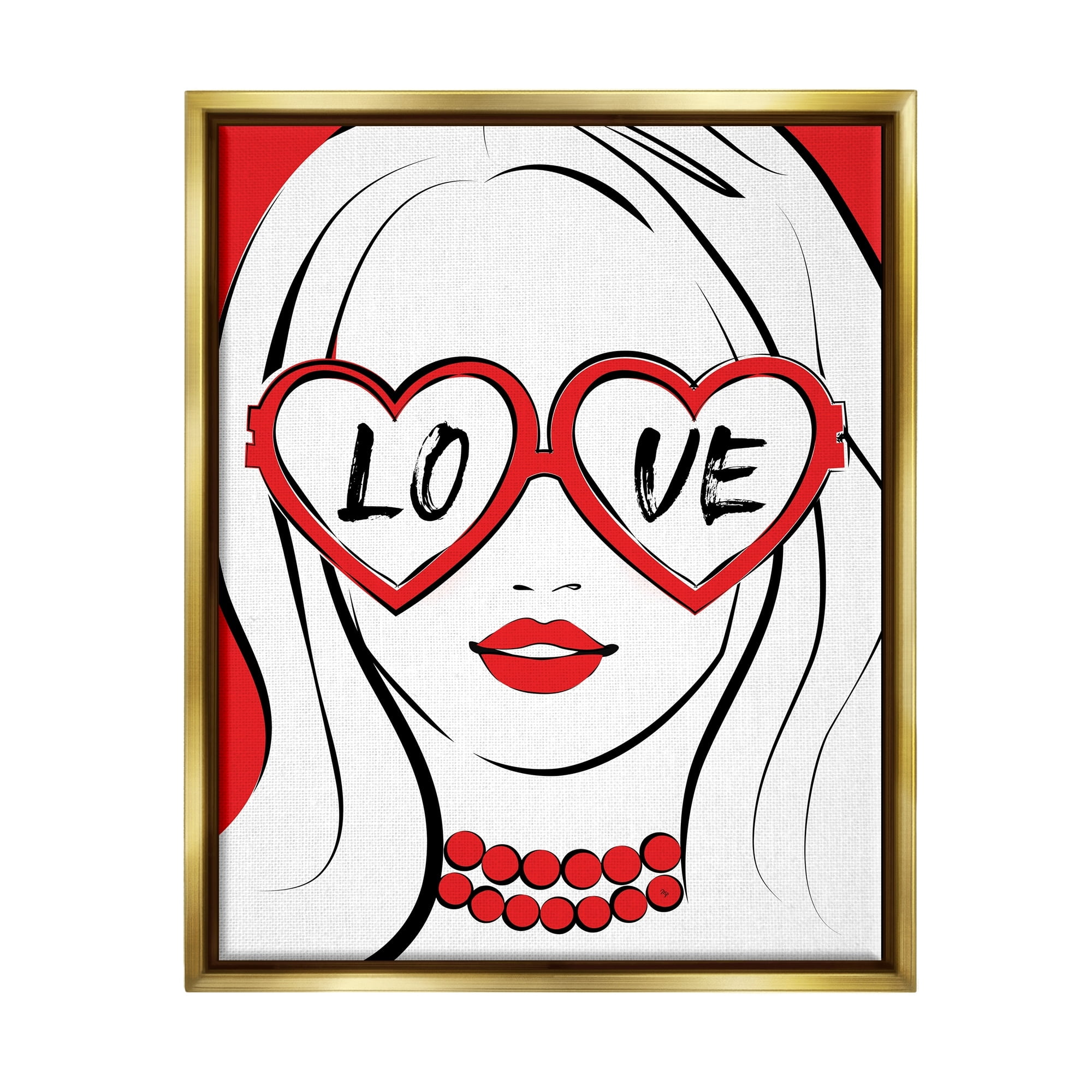Stupell Industries Fashionable Heart Sunglasses Love Design Trendy Woman Graphic Art Metallic Gold Floating Framed Canvas Print Wall Art, Design by Martina Pavlova