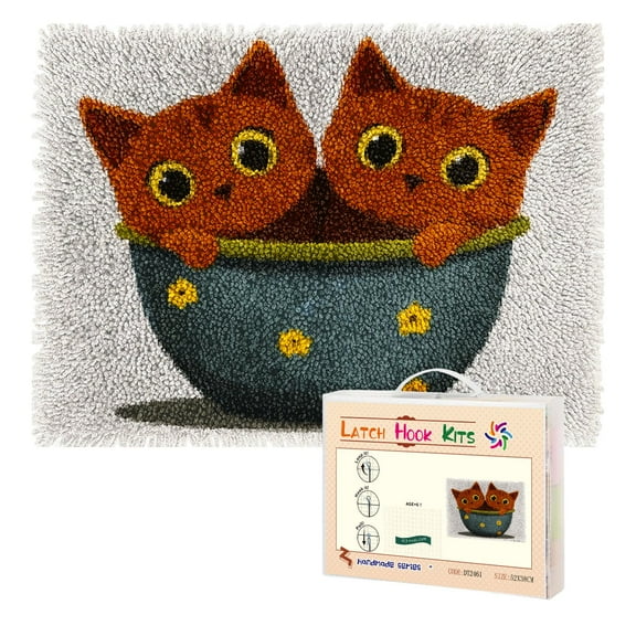 Latch Hook Rug Kit Two Brown Cats in Pot Pre-Printed Handmade Carpet Crochet Yarn Craft DIY Hook and Latch Door Mat Tapestry for Home Floor Decoration 52x38cm-1