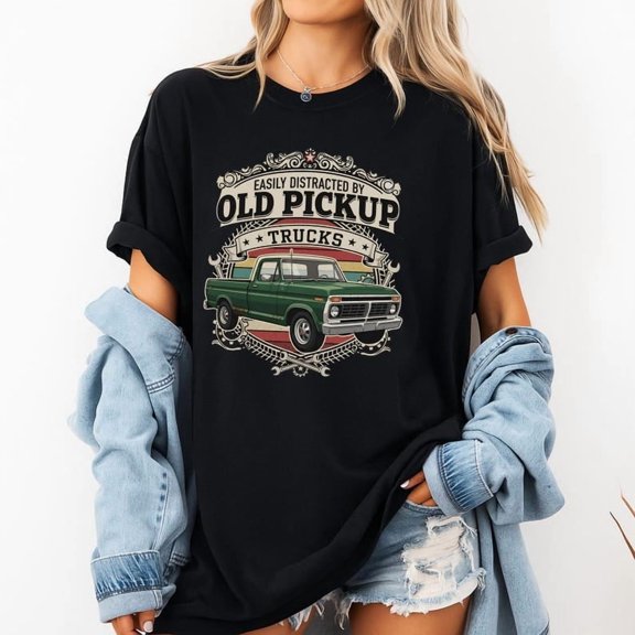 TOKAIPlus Easily Distracted by Old Pickup Trucks Shirt Vintage Classic Car Graphic Tee Retro Truck Lover Gift for Men or Women