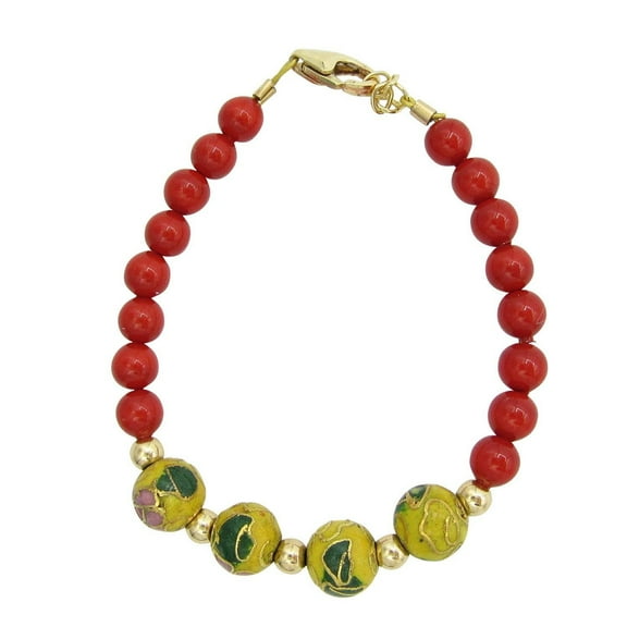 Gold Child Bracelet with Red Pearls and  Yellow Cloisonne Beads (B1706)
