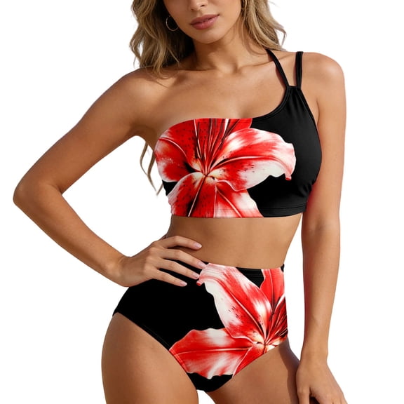 JAJAHO Bikini Set For Women 2 Piece Swimsuits Floral Printed One Shoulder Bathing Suit With High Waisted Bottoms Stylish Beachwear