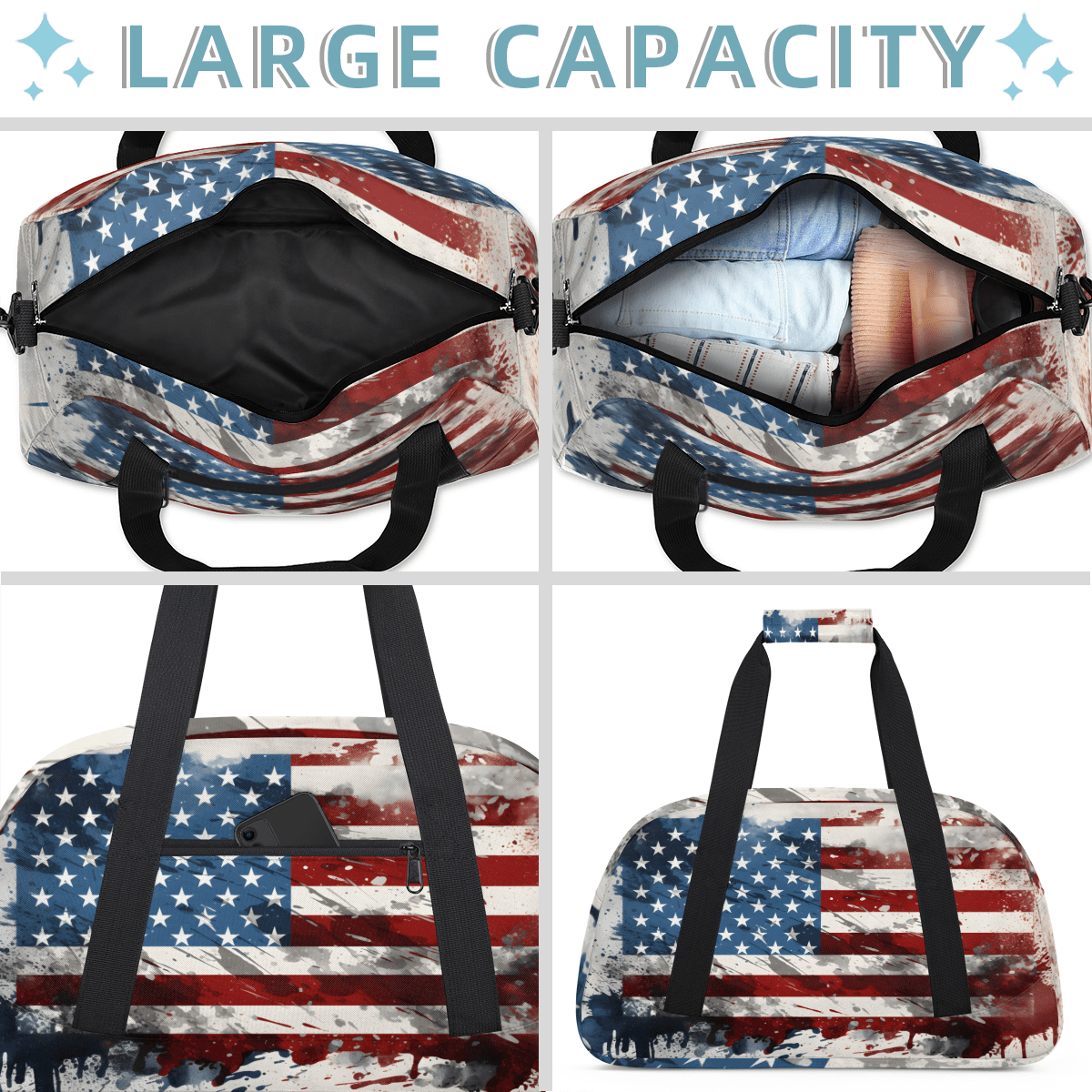 Herdesigns 4th of July Sports Duffle Bag for Women & Men, Patriotic American Flag Gym Bag Dance Bag Overnight Bag Carry On Weekender Travel Bag