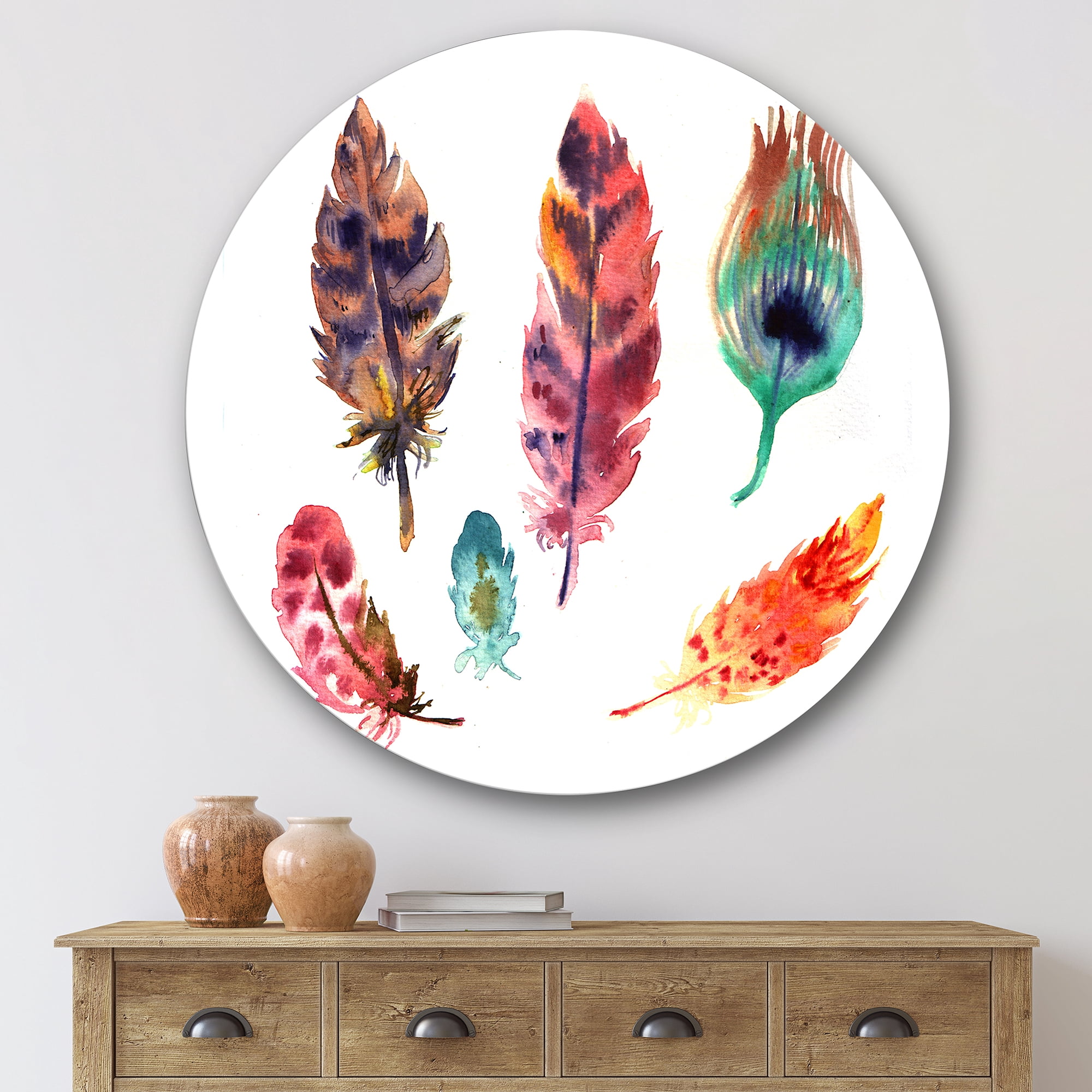 Designart 'Colourful Boho Art Feather Set II' Bohemian & Eclectic Circle Metal Wall Art 36x36 - Disc of 36