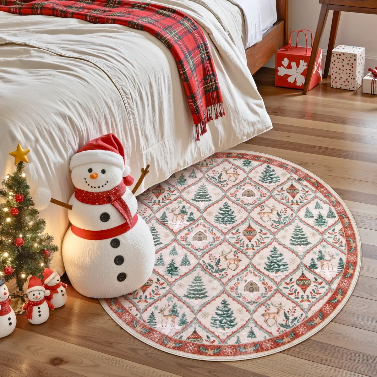 Moynesa 4' Christmas Round Area Rug for Living Room, Beige Rug Xmas Tree Modern Rug Washable Rug Non Slip Moroccan Circle Carpet Holiday Decor Geometric Soft Accent Rug for Bedroom Dining Room
