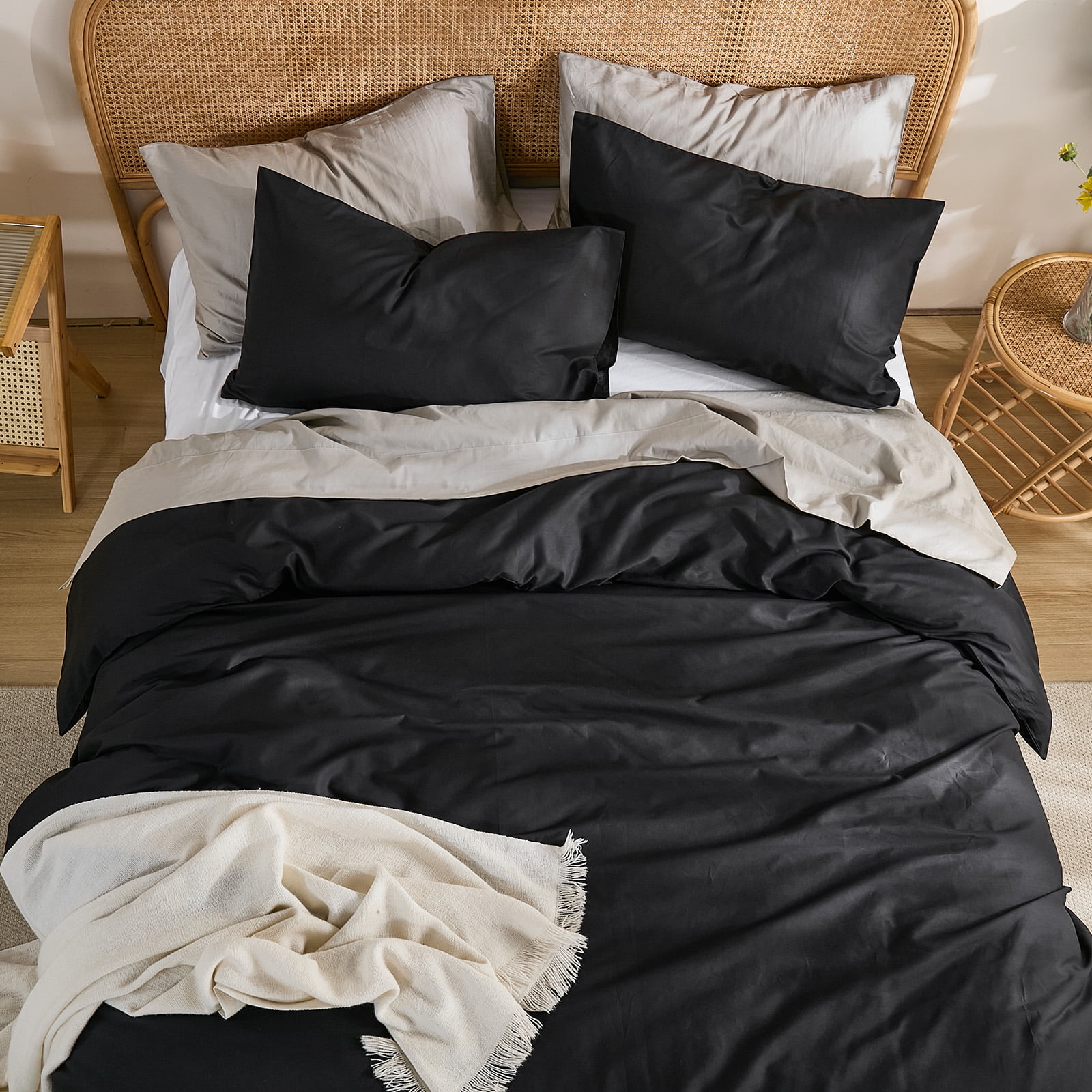 100% Washed Cotton Duvet Cover –Black, Linen-Like Texture, Super Soft & Breathable Bedding Set, 3-Piece Durable Percale Comforter Cover