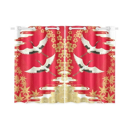 CADecor Japanese Style Window Kitchen Curtain, Cranes Cherry and Maple Window Treatment Panel Curtains,26x39 inches,Set of (Best Japanese Maples For Zone 5)