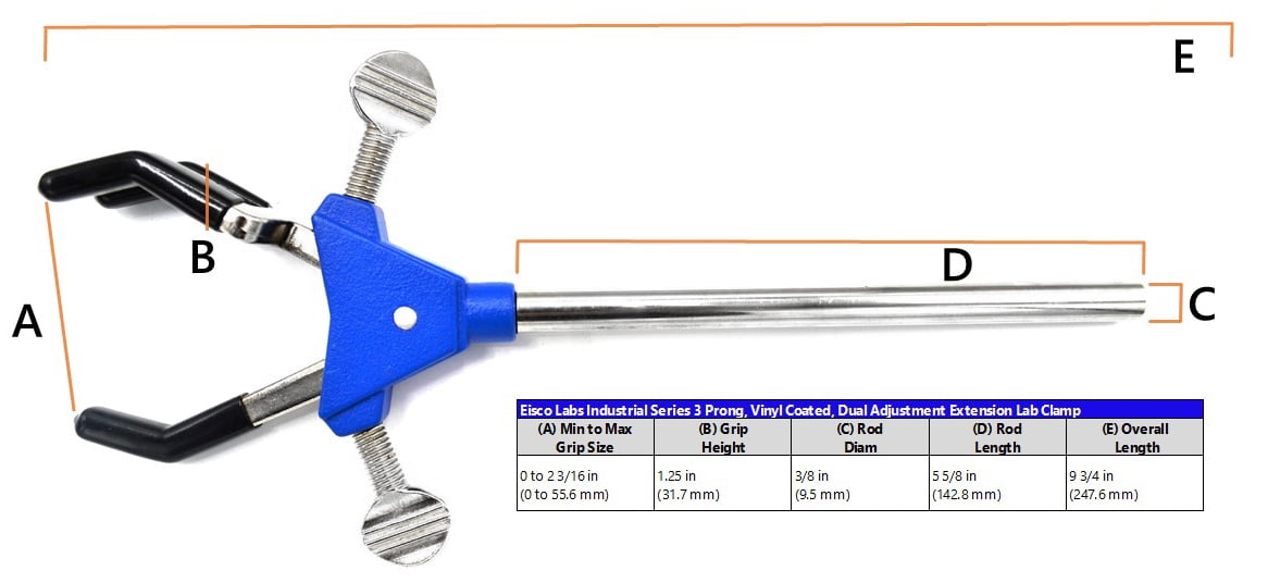 3 Finger, Vinyl Coated Dual Adjustable Extension Clamp on Stainless Steel Rod - 2.3" Max Clamp Opening, 5" Rod - Powder Coated Zinc Alloy - Research, Industrial Laboratory Grade -  Eisco Labs