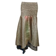 Mogul Womens Ethnic Dress Vintage Silk Sari Beige Printed Two Layered Maxi Skirt