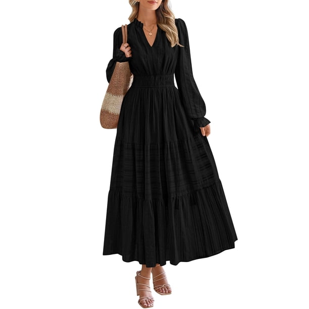 Vestido PRETTYGARDEN Maxi Negro de Manga Larga con Escote en V XL