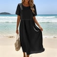 thumbnail image 2 of 2DXuixsh Robe Maxi d'Été Ample et Fluide pour Femme, Ajourée, Col Rond, Couleur Unie, Manches Courtes, Vacances, avec Poches, 2 of 4