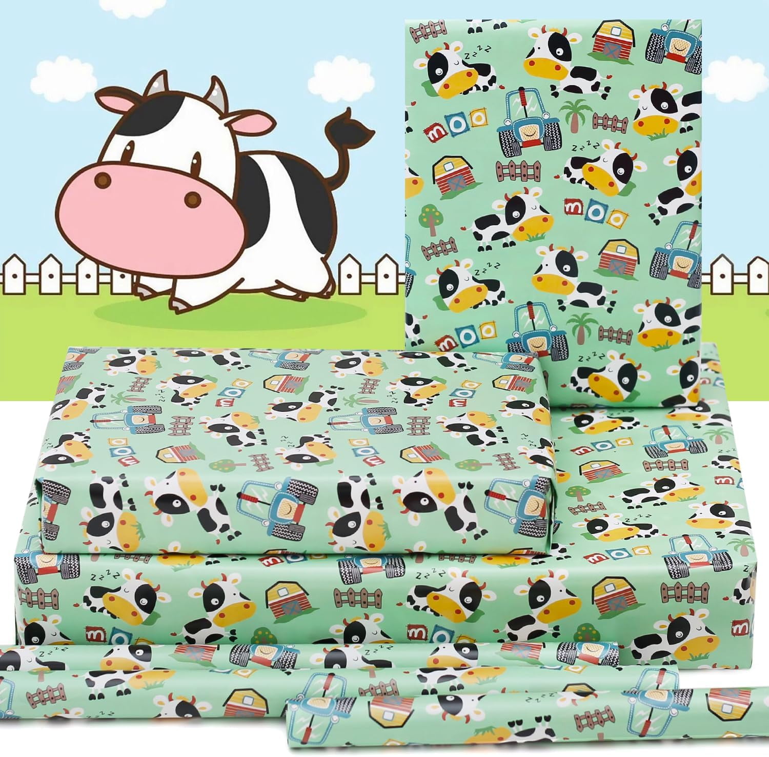 Farm Cow Wrapping Paper for Boys Girls Kids, Cute Cow Farmhouse Tractor Farm Theme Design Green Birthday Paper 6 Sheets Folded Flat 20x28 inches per Sheet for Birthday Party Baby Shower