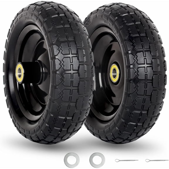 10" Flat-Free Solid Tire and Wheel Replacement 4.10/3.50-4, with 5/8" Axle Bore Hole, 2.2" Offset Hub, Compatible with Hand  Tire Garden Wagon Trolley