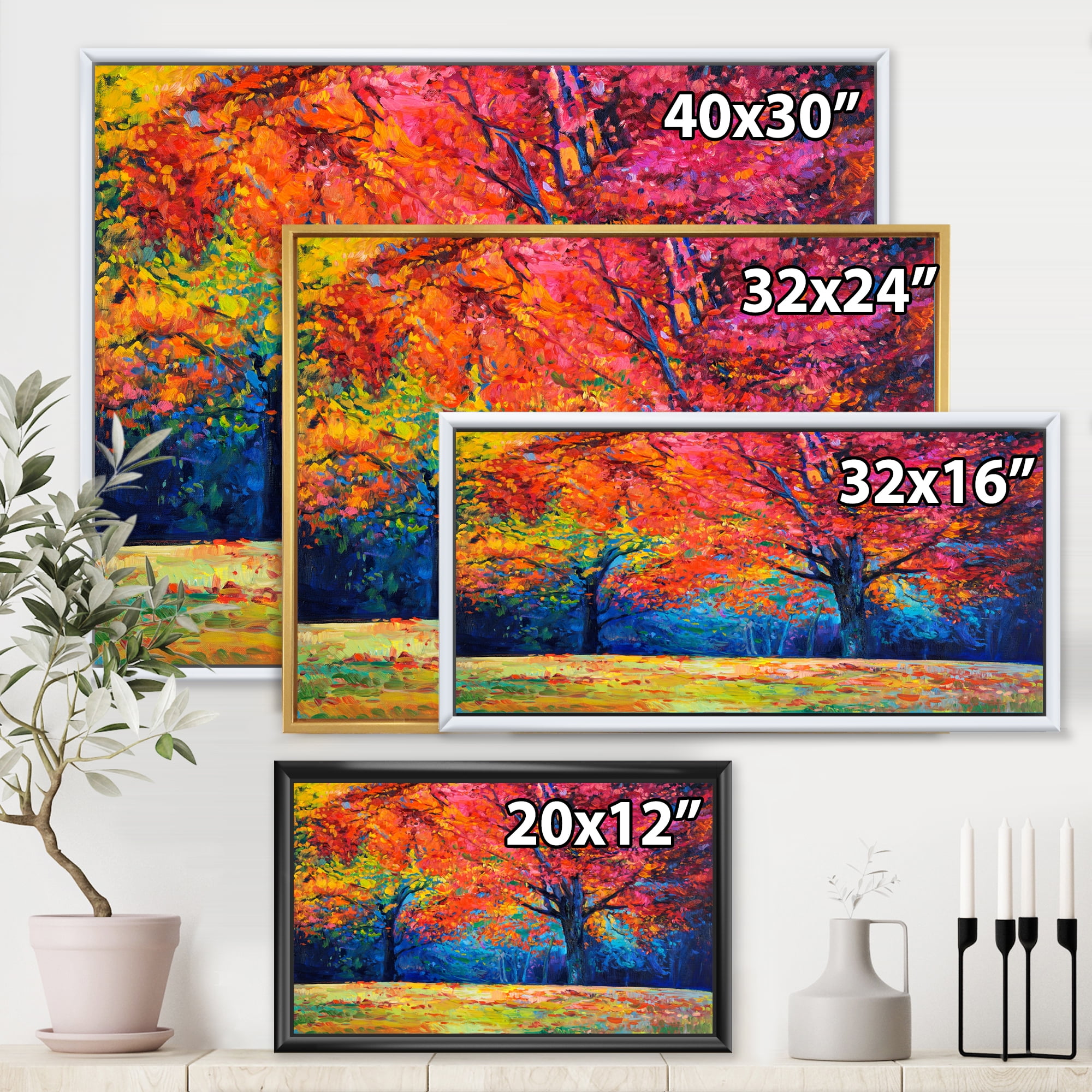 Designart 'Abstract Vibrant Red Tree In Autumn Landscape' Traditional Framed Canvas Wall Art Print