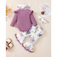 thumbnail image 3 of KIMI BEAR Infant Baby Girls Outfits 12-18 Months Winter Clothes Set Ruffle Long Sleeves Knitted Romper Letter Print Bodysuit Top Floral Pants Bowknots Flared Pants Sets with Headbands 4Pcs Purple, 3 of 10