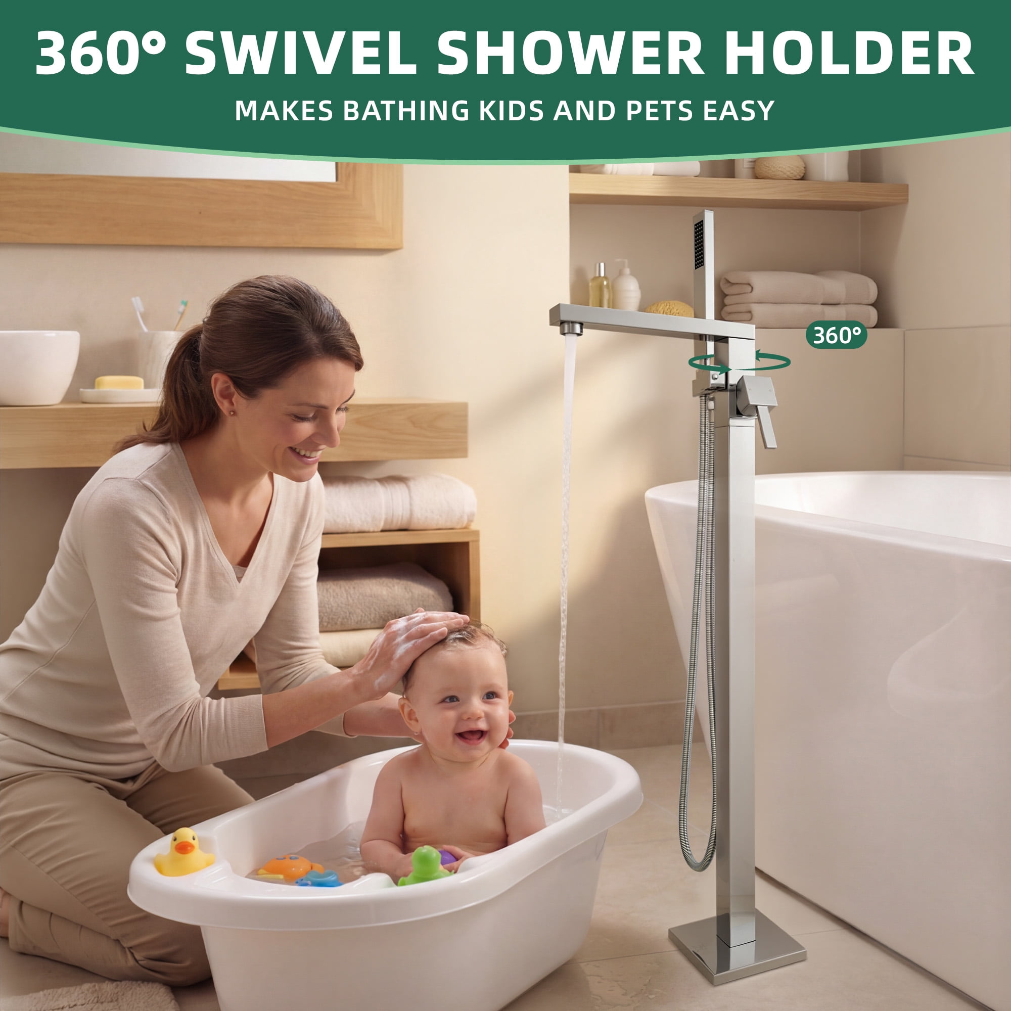 Free Standing Tub Faucet, 360°Swivel High Flow Freestanding Bathtub Faucet with Handheld Shower, Brass Body Tub Filler for Modern Bathroom, Chrome