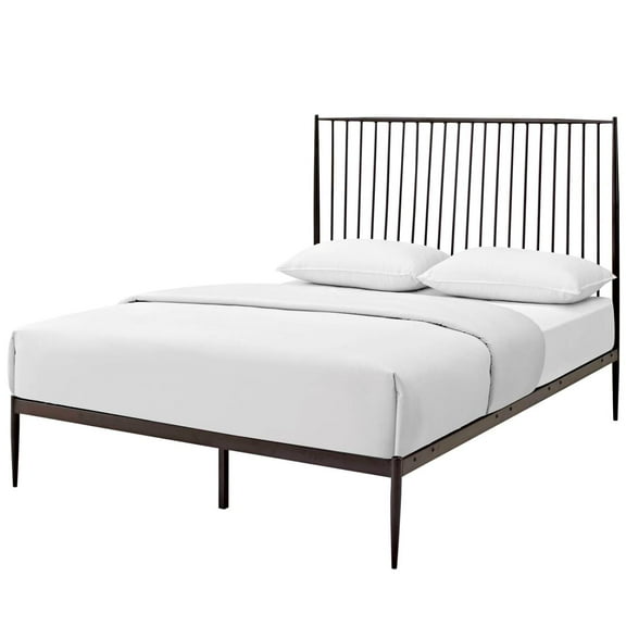 Platform Bed Frame, Queen Size, Brown, Metal, Industrial Bedroom, Modern Contemporary HB35056