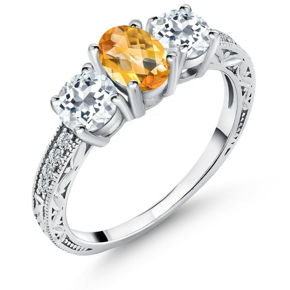 Gem Stone King 1.82 Ct Oval Checkerboard Yellow Citrine White Topaz 925 Sterling Silver Ring (Size 6)