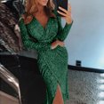 thumbnail image 2 of Telankuip Womens Sequin Midi Dresses Trendy Knee Length Sparkly Glitter Ruched Party Club Dressy Long Sleeve Wrap V-Neck Side Split Stretch Tight Solid Bodycon Dress Green M, 2 of 7