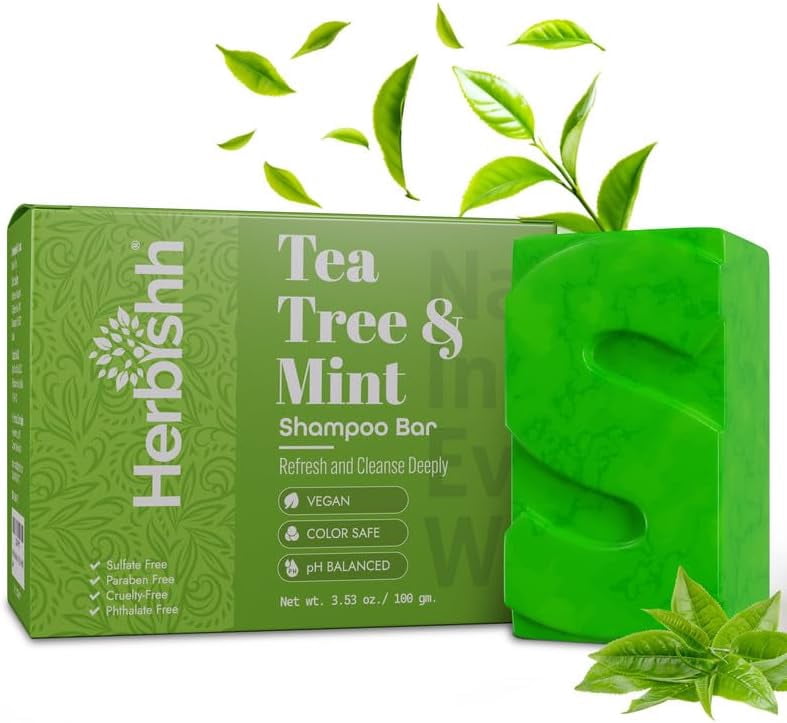 (6 pack) Herbishh Tea Tree & Mint Shampoo Bar – Tea Tree Oil Soap Bar for Oily Hair & Scalp Cleanse – Solid Travel Size Shampoo for Men & Women – Minty Deep Cleansing, 3.53 oz