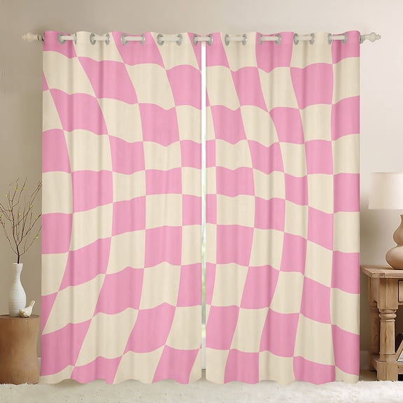 Feelyou Pink Fashion Check Black Out Curtains, Cartoon Pixelate Miner Curtains Pack of 2 (42x63 Each), Modern Plaid Buffalo Bedroom Curtains, Window Curtains Home Decor