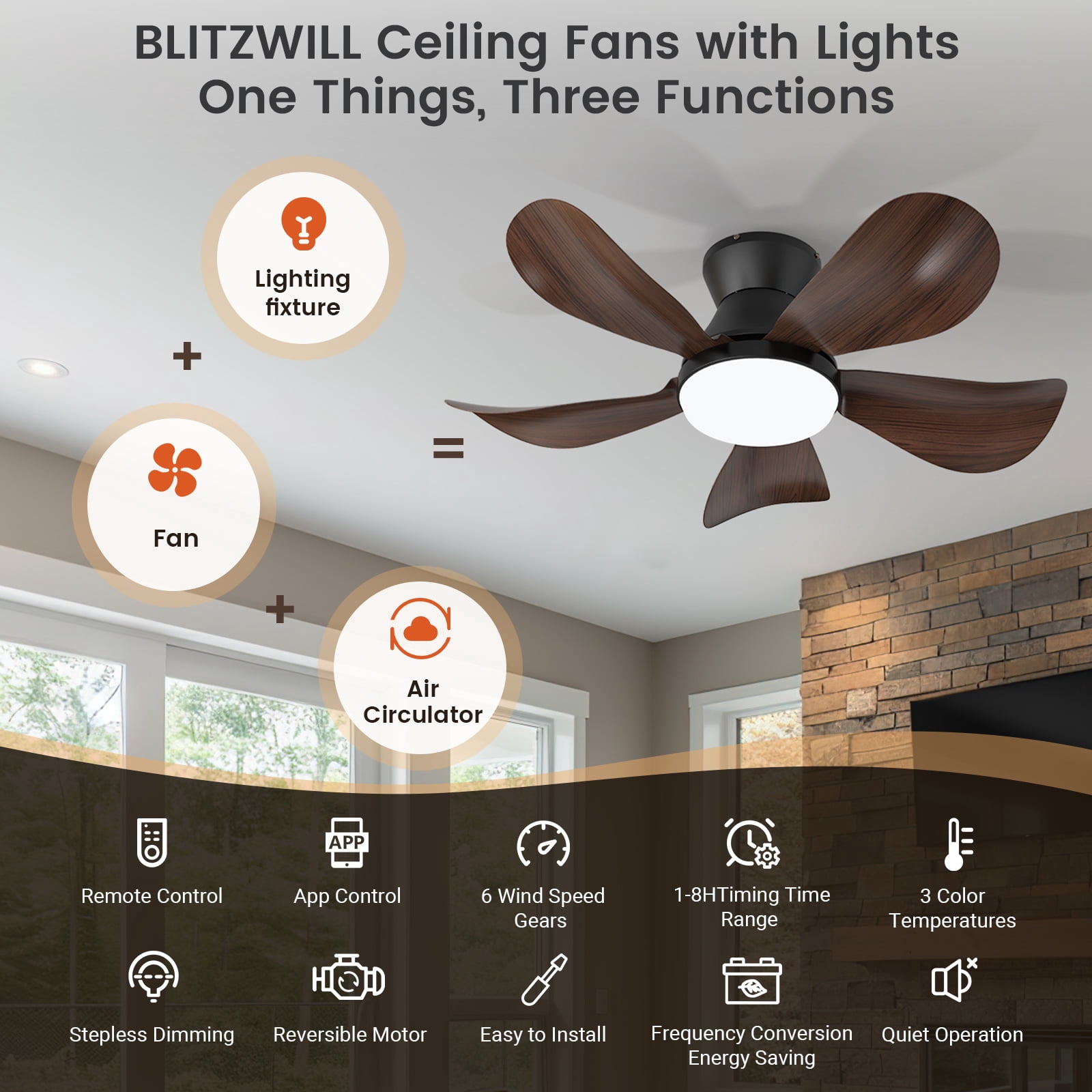 BLITZWILL Ceiling Fans with Lights and Remote & App Control,26 inch Low Profile Modern Ceiling Fans with 5 Reversible Blades,3 Colors Dimmable 6 Speeds Quiet, for Bedroom Kitchen Garage,Walnut