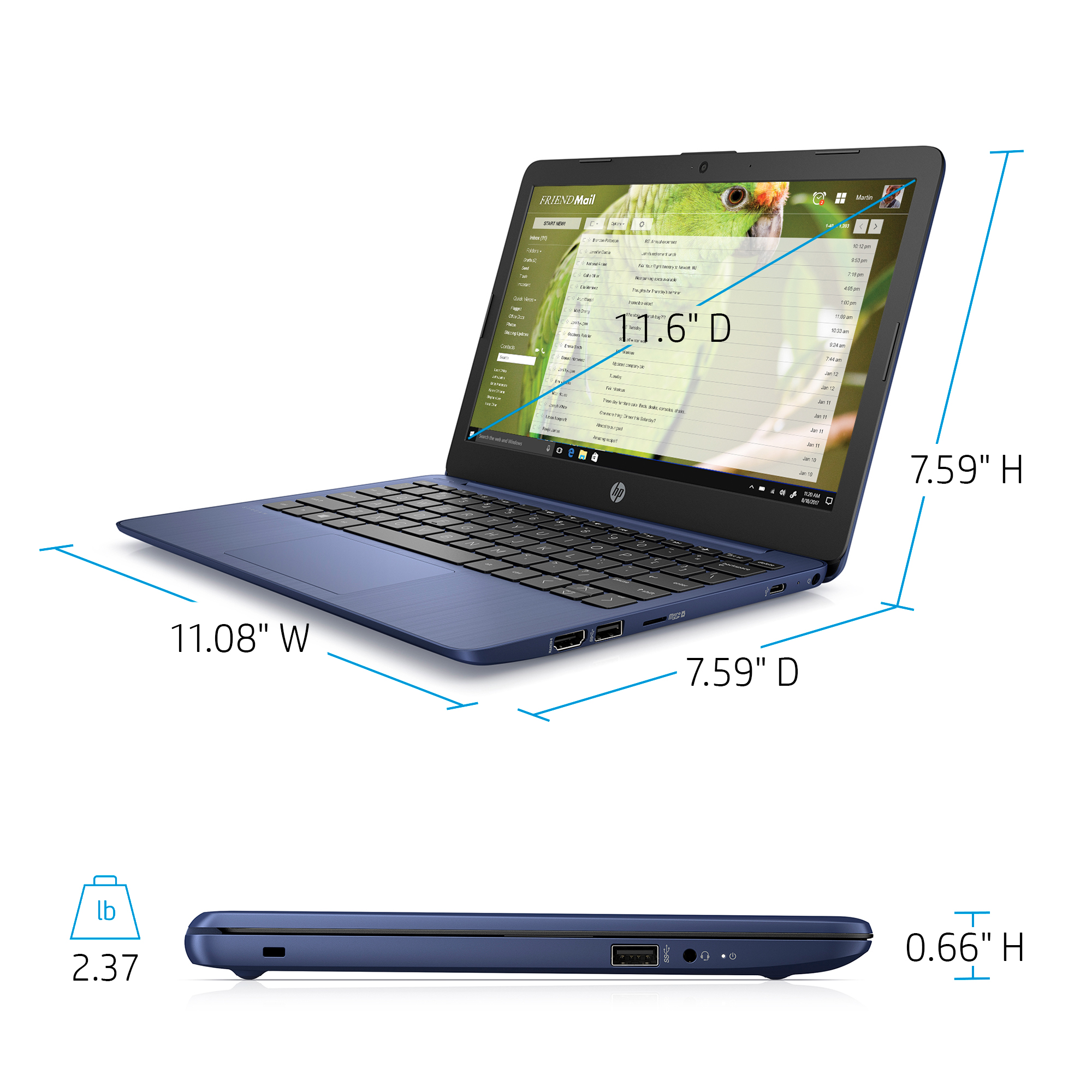 HP 11-ak0090wm Stream 11.6" HD Laptop Celeron N4020 1.1GHz Intel UHD Graphics 4GB RAM 64GB SSD Royal Blue Win 10 in S Mode - image 8 of 8