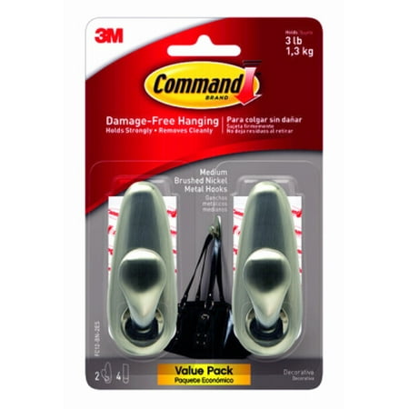 

3m Command Forever 2 Pack 3 LB Brushed Nickel Metal Hooks Holds Surp