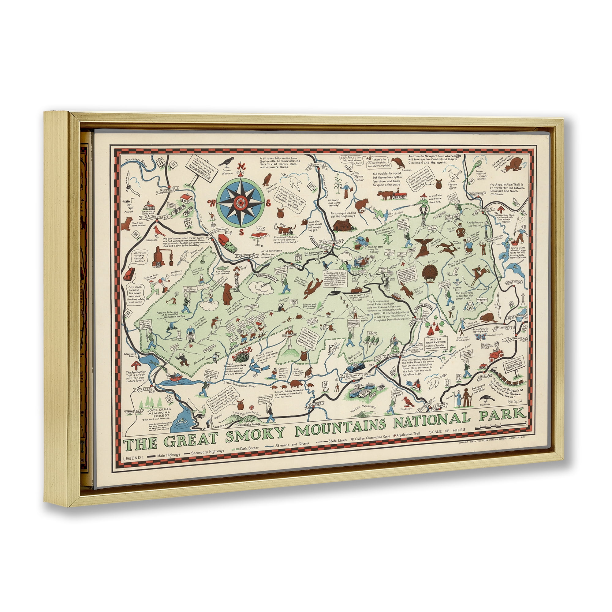 Stupell Industries Great Smoky Mountains Map History & Language Painting Gold Floater Framed Canvas Art Print Wall Art, 31 x 21