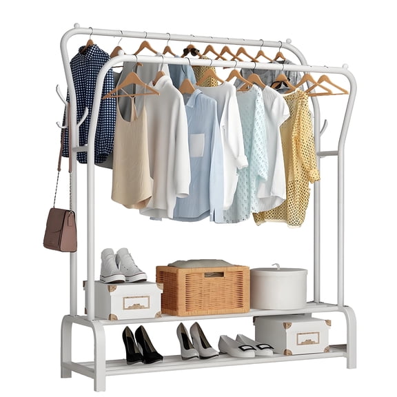 HioHa Metal Clothing Rack with 6 Hooks & Wheels, 2-Tier Storage Sturdy Garment Rack, Portable Closet Organizer for Bedroom Laundry, White