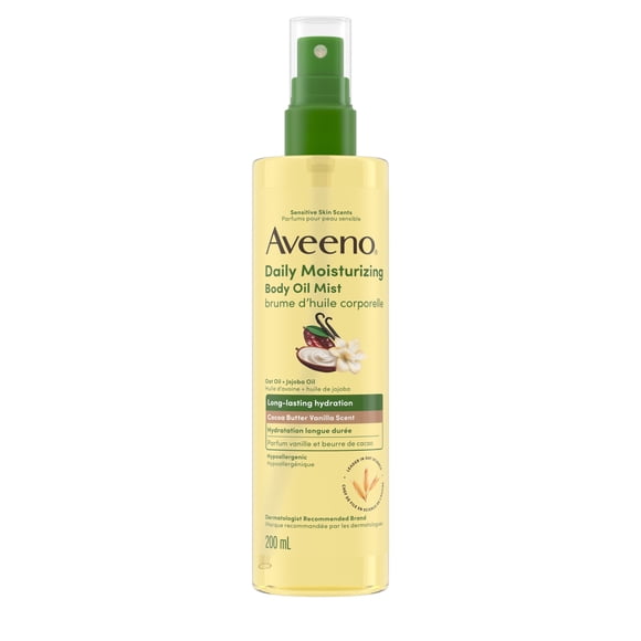 Aveeno Daily Moisturizing Body Oil Mist with Cocoa Butter Vanilla Scent, Oat Oil , & Jojoba Oil, Lightweight Oil Provides Long Lasting Hydration, Hypoallergenic, 200 ml