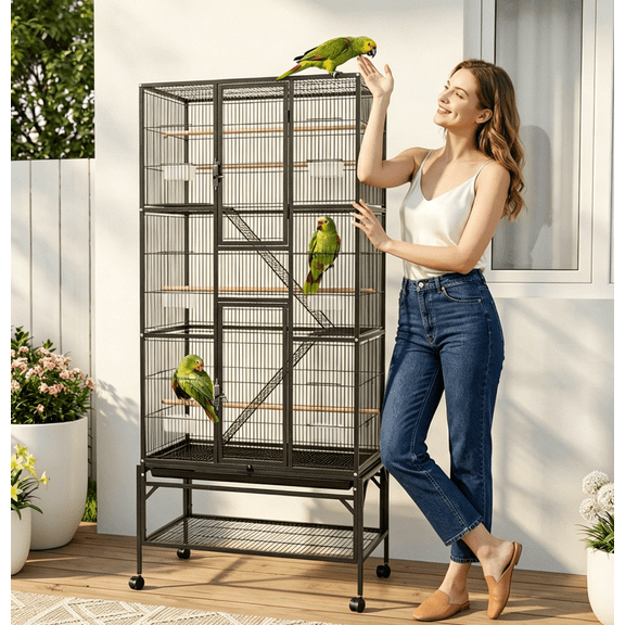 Parrot Cage 69.5 Inch Extra Large Bird Cage, Cockatiel Cage with Rolling Stand and Storage Shelf, Bird Flight Cage for Macaw Conure Lovebird Budgie Finch