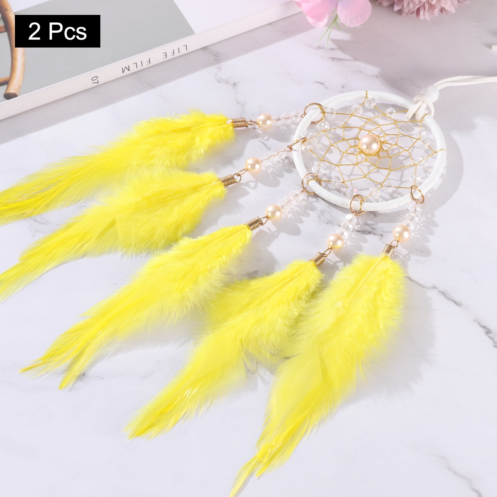 Unique Bargains Dream Catchers Handmade Feather Dreamcatcher with Crystal Beads Yellow