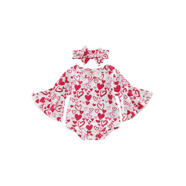 Lucakuins Infant Baby Girl Valentine#39;s Day Jumpsuit, Flare Manga Larga Cuello Redondo Letra/Corazón Estampado Mameluco + Diadema Lucakuins moda