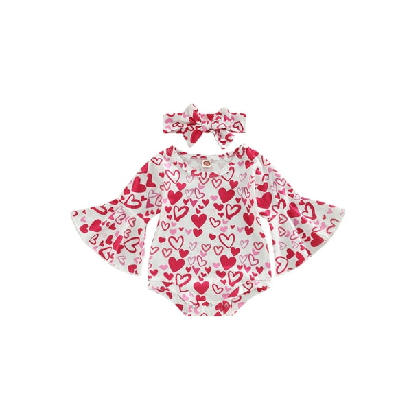 Lucakuins Infant Baby Girl Valentine#39;s Day Jumpsuit, Flare Manga Larga Cuello Redondo Letra/Corazón Estampado Mameluco + Diadema Lucakuins moda