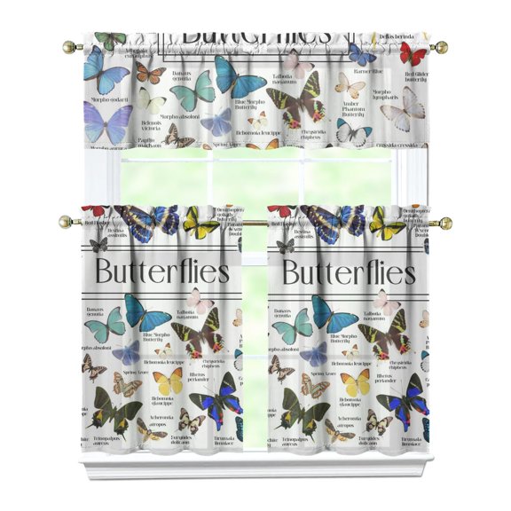 Kitchen Curtains 36 Inch Short - 3 Panel Set with Colorful Butterfly Floral Pattern, Rod Pocket Window Curtain, 100% Polyester for Butterfly Lovers, Farmhouse, Kitchen, Bedroom, Easy Wash