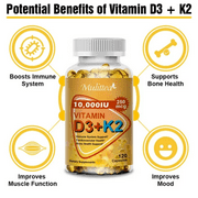 Mulittea Vitamin D3 & K2 Supplement with 10000 IU D3 and 250 MCG K2, Support Bone & Joint Health, Immunity Support, 240 Vegetarian Capsules
