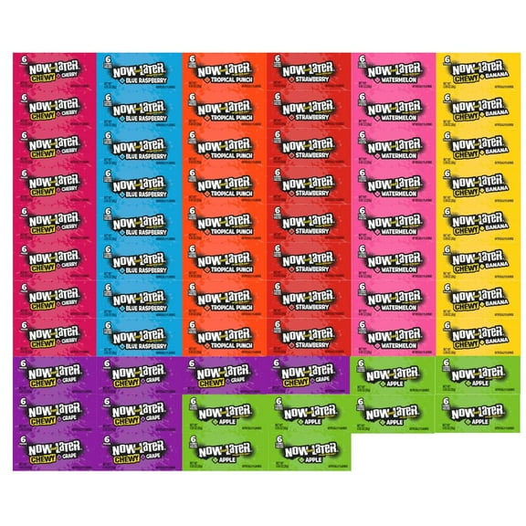 Candy Assortment Now and Later, 8 Delicious Flavors, Grape, Strawberry, Cherry, Blue Raspberry, Tropical Punch, Banana, Apple, Watermelon - 0.93 Oz Each, 8 of Each Flavor, 64 Pack