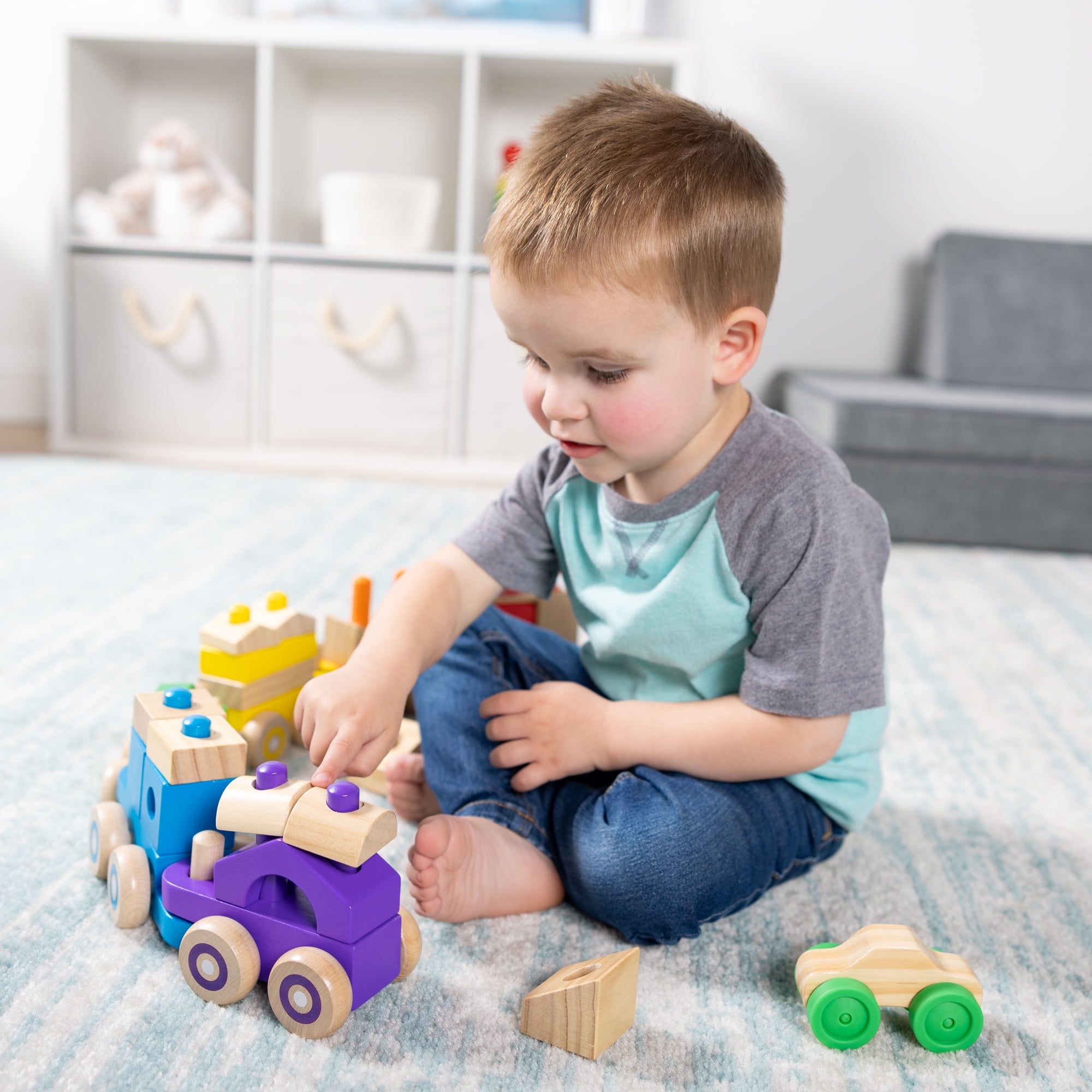 Melissa & Doug Deluxe Wooden Stacking Train, 32 Inch Length, 6 Cars, 19 Blocks, 2 Vehicles, for Toddlers 2+