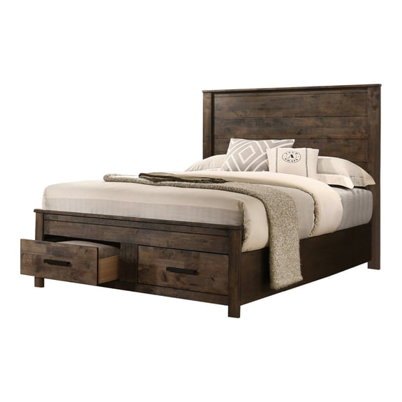Benjara Frio Queen Size Storage Bed, 2 Drawers, Low Platform Design, Rustic Brown