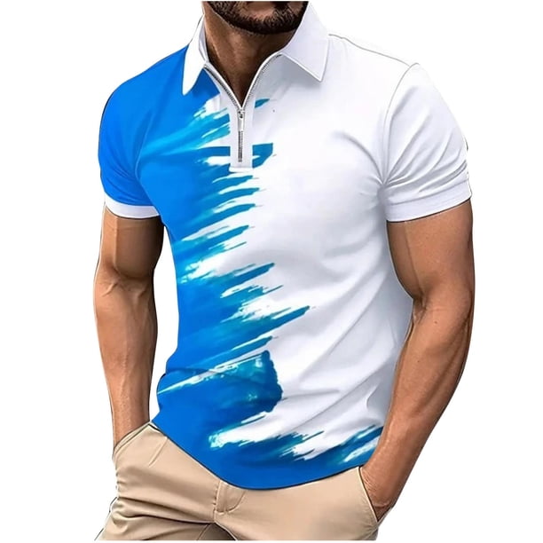 Mens Camisas de Manga Corta Rayas Zip-Up Solapa Deportes Top, Casual Camisa de Manga Corta para Hombres