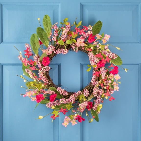 Northlight Geranium and Berry Artificial Spring Floral Wreath, Pink - 18-Inch