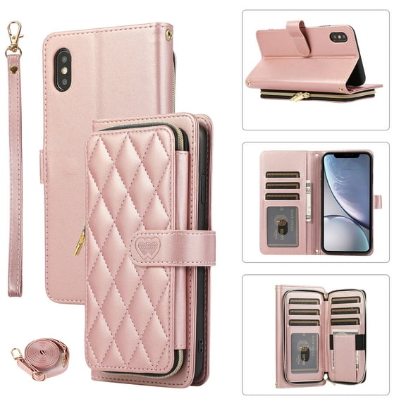 Crossbody Strap & Lanyard for iPhone XS Max Case Wallet, with 10-Card Holder & 1 Bills Slot Soft PU Leather Magnetic Flip Folio Heavy Duty Protection Case for iPhone XS Max, Rosegold