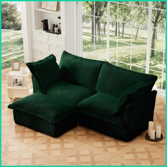 Modern Green Corduroy 2-Seat Sectional Sofa with Convertible Ottoman - Detachable Cover for Living Room