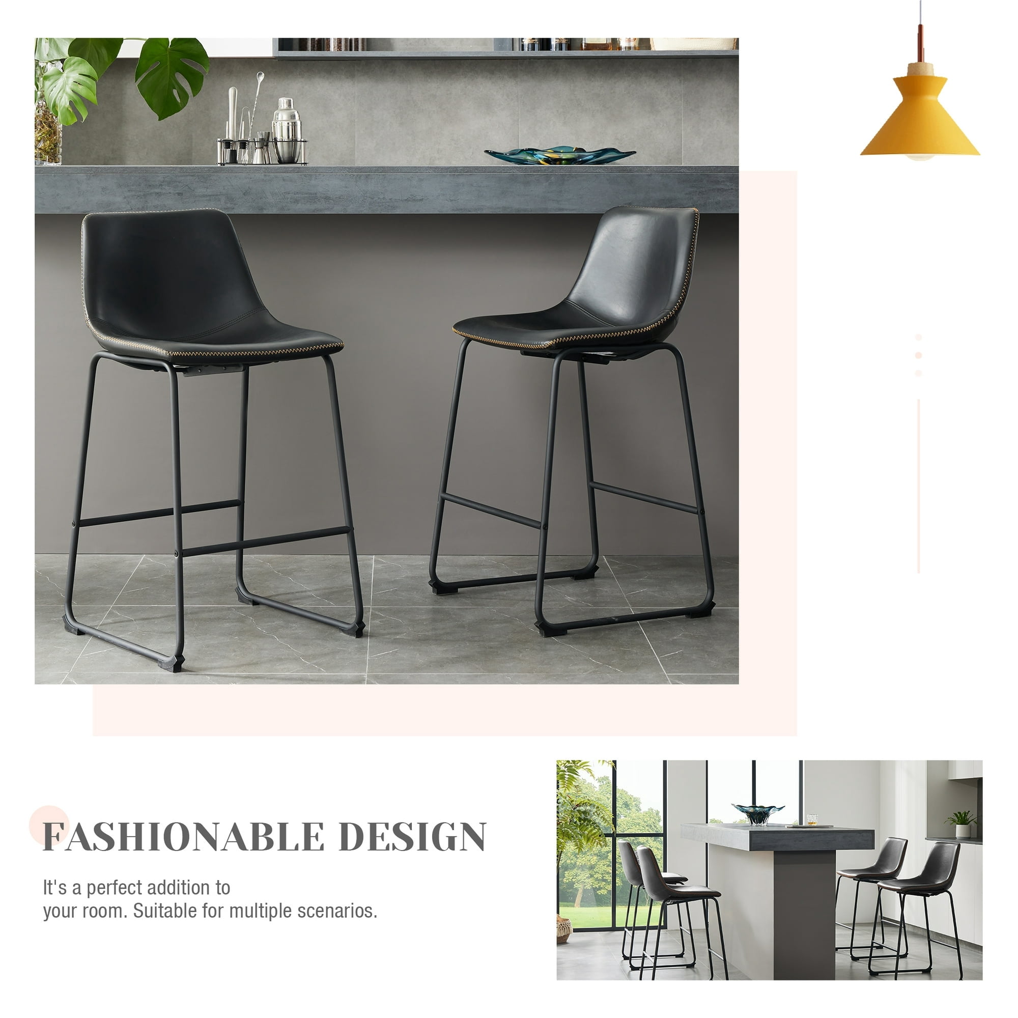 MCQ Counter Height Bar Stools Set of 2, Faux Leather 26 inch High Barstools with Back and Metal Leg, for Home Kitchen Office, Black