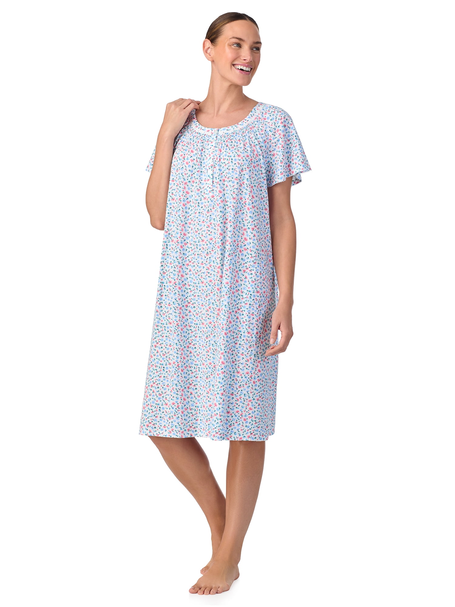 Aria Women's 100% Cotton Raglan Sleeve Smocked Neck Sleepwear 40" Gown, Sizes XS-5X