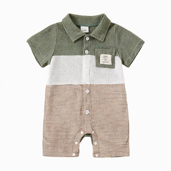 KPOPLK Baby Boy Polo Romper Pajama Short Sleeve Color Block Ribbed Knit Collared Cotton One-Piece Jumpsuit PJM Sleepwear Bodysuit 0-24M Size 6-9 Months,Green