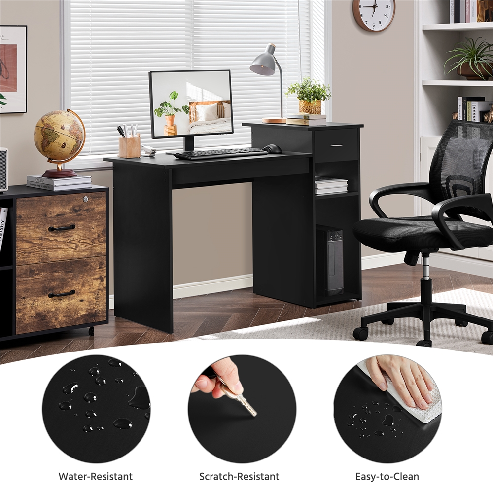 Alden Design Home Office Workstation Computer Desk with Drawer and Storage, Black