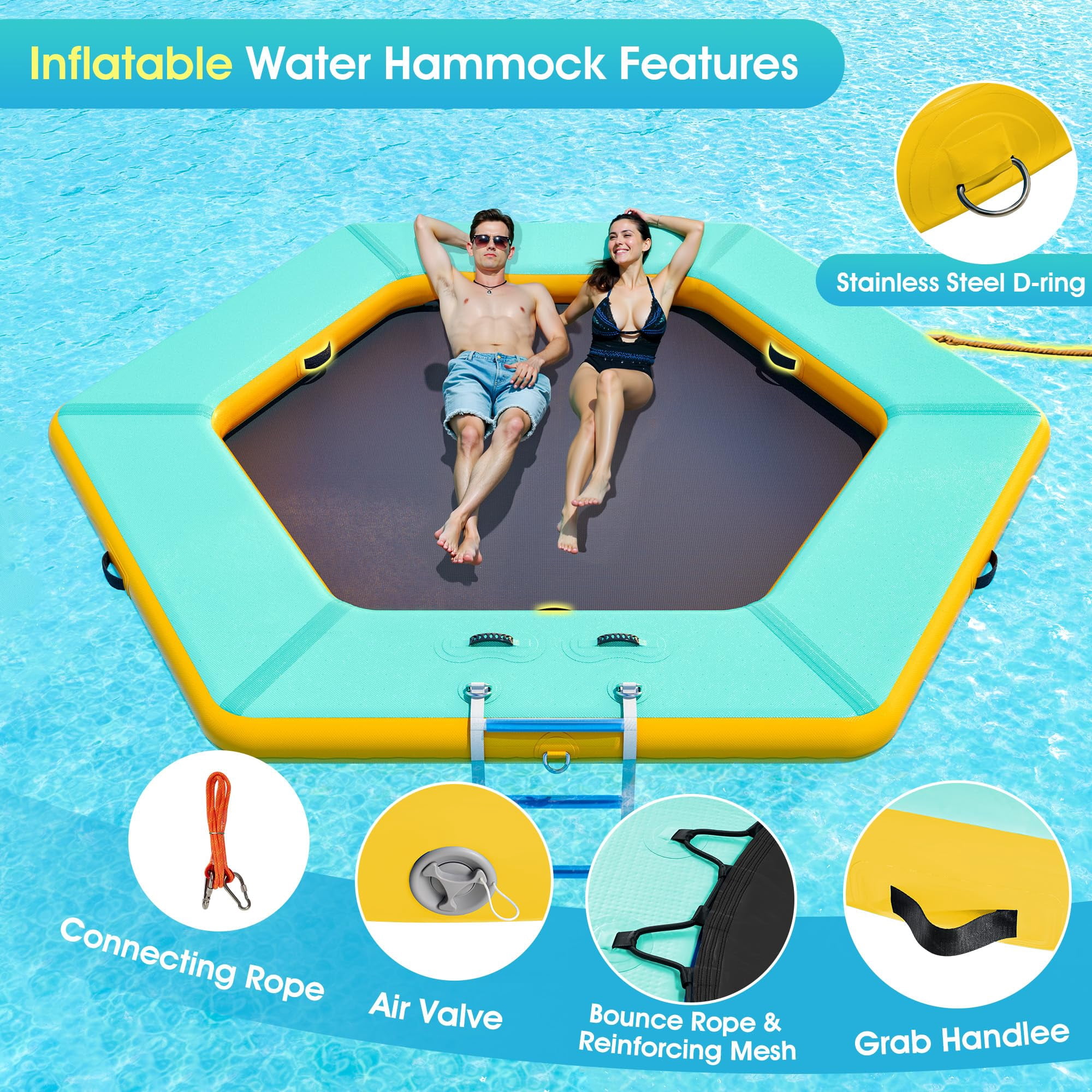 Jocisland 10 ft Hexagonal Floating Ring Inflatable Water Hammock with Soft Ladder, Heavy Duty Lake Raft for Pool and Lake, Inflatable Raft Fits Multiple People, Mint Green&Black
