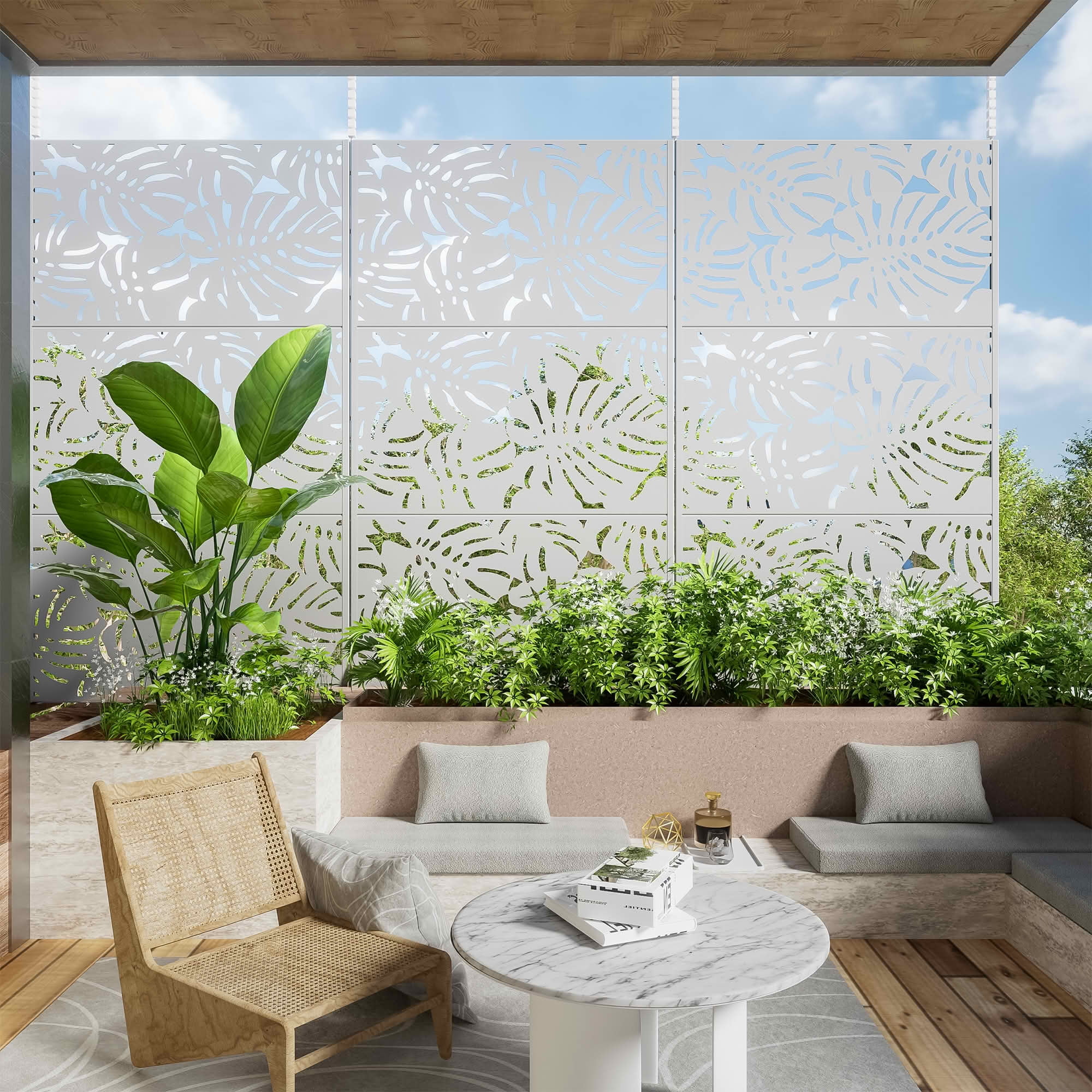 MAYEERTY 72x47x16 Inch White Monstera Galvanized Steel Privacy Screen, 3 Piece Set for Outdoor Garden